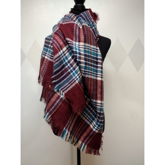 burgundy teal navy blue plaid blanket scarf - Picture 1 of 8